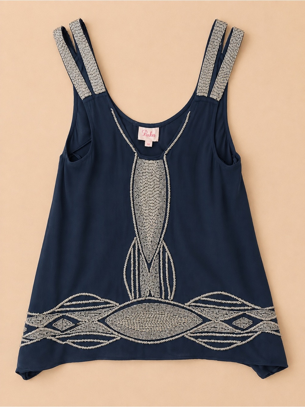 Parker Navy Blue Silver Beaded Embellished Silk Tank Top XS